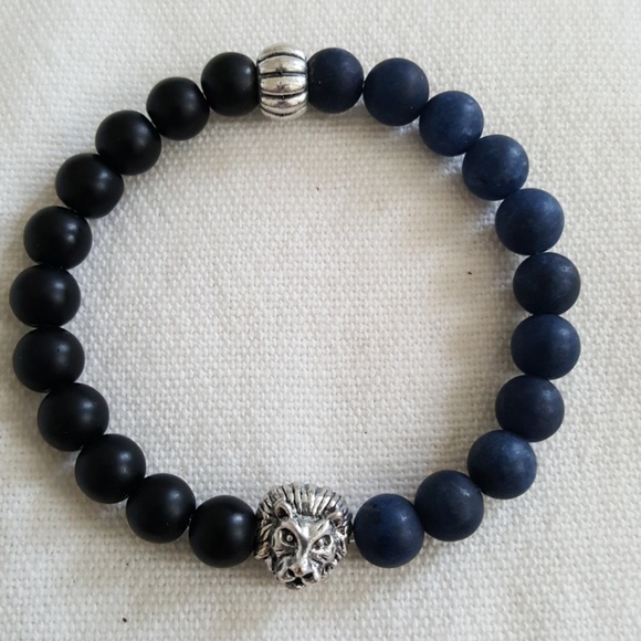 🖤🖤MENS BLACK&NAVY BLUE ONYX&LION HEAD BRACELET - Picture 4 of 7